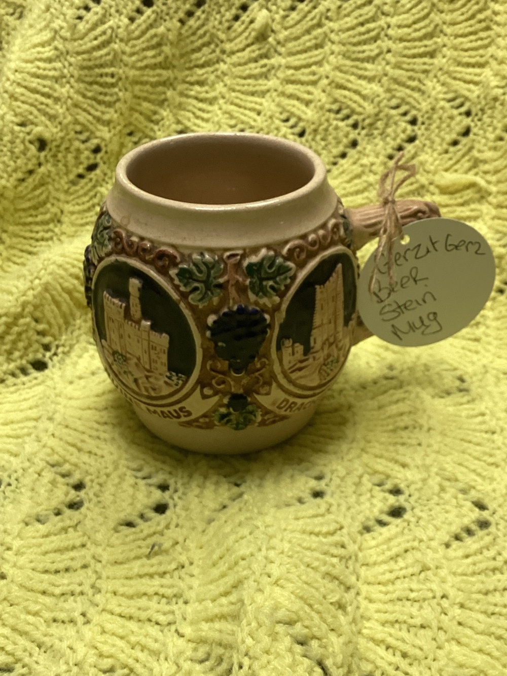 Decorative Ceramic Stein Mug in Olive Green and Cream